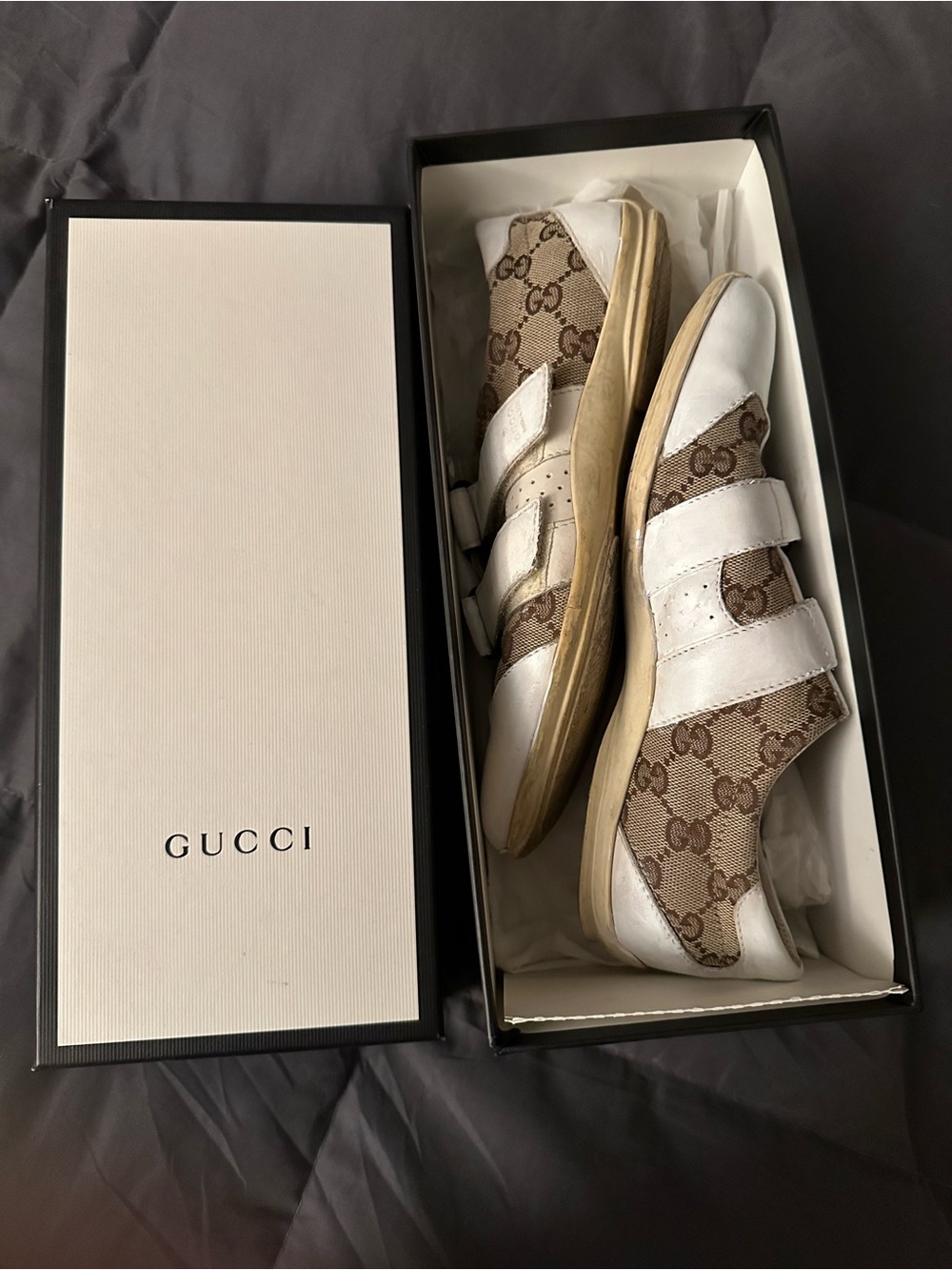 Gucci White Leather & Beige GG Canvas Velcro Sneakers